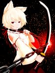  1girl :/ animal_ears bangs bare_shoulders black_skirt blonde_hair broken broken_chain chained chains closed_mouth collar detached_sleeves dog_collar half-closed_eyes hand_up highres holding holding_sword holding_weapon inubashiri_momiji ja_komurashi japanese_clothes katana leash looking_at_viewer multicolored multicolored_clothes multicolored_skirt no_hat no_headwear no_tail outstretched_arm pom_pom_(clothes) red_eyes red_ribbon red_skirt ribbon ribbon-trimmed_sleeves ribbon_trim shirt short_hair skirt sleeveless sleeveless_shirt solo sparks standing sword touhou upper_body weapon wide_sleeves wolf_ears 