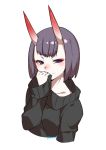  1girl alternate_costume artist_name black_sweater blush closed_mouth collarbone cropped_torso eiri_(eirri) fate/grand_order fate_(series) horns long_sleeves looking_at_viewer oni oni_horns purple_hair short_hair shuten_douji_(fate/grand_order) signature simple_background sleeves_past_wrists smile solo sweater violet_eyes white_background 