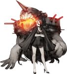  1girl akira_(kadokawa) battleship_hime black_dress black_hair dress glowing glowing_eyes horns kantai_collection long_hair official_art oni_horns red_eyes shinkaisei-kan short_dress very_long_hair 