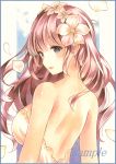  1girl bangs bare_shoulders blue_border blush breasts colored_pencil_(medium) flower from_behind large_breasts long_hair looking_at_viewer looking_back marker_(medium) multicolored multicolored_eyes open_mouth original pink_hair potto sample solo traditional_media upper_body 