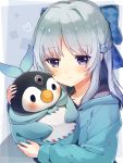  1girl blue_bow blue_hair bow braid character_request chunithm closed_mouth cona_kinaco french_braid hair_bow heart heart-shaped_pupils highres holding hood hoodie smile solo stuffed_animal stuffed_penguin stuffed_toy symbol-shaped_pupils upper_body violet_eyes 