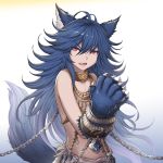  1girl animal_ears blue_hair bound bound_arms chains fenrir_(shingeki_no_bahamut) granblue_fantasy hair_between_eyes highres jewelry lock long_hair looking_at_viewer necklace open_mouth padlock paws red_eyes shingeki_no_bahamut solo tail very_long_hair wolf_ears wolf_tail yuki7128 