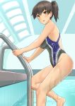  1girl :d adapted_costume alternate_costume bare_legs bare_shoulders barefoot blush breasts brown_eyes brown_hair competition_swimsuit covered_navel hair_between_eyes highres indoors kaga_(kantai_collection) kantai_collection large_breasts looking_at_viewer one-piece_swimsuit open_mouth pool pool_ladder rei_no_pool revision short_hair side_ponytail skin_tight smile soil_chopsticks solo swimsuit wet 