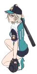  1girl anastasia_(idolmaster) ass baseball_bat baseball_cap baseball_glove baseball_jersey blue_eyes cutoffs full_body hair_between_eyes hat holding_baseball_bat idolmaster idolmaster_cinderella_girls looking_at_viewer looking_back nigou nippon_professional_baseball one_knee over_shoulder short_shorts short_sleeves shorts silver_hair simple_background solo white_background 