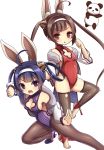  2girls :d ahoge alice360 animal_ears azur_lane bangs bare_shoulders black_legwear breasts brown_eyes brown_hair cleavage cleavage_cutout eyebrows_visible_through_hair fighting_stance fur-trimmed_jacket fur_trim hair_rings hairband hairpods highres jacket leotard long_hair long_sleeves looking_at_viewer medium_breasts multiple_girls ning_hai_(azur_lane) off_shoulder open_mouth panda pantyhose parted_lips ping_hai_(azur_lane) puffy_long_sleeves puffy_sleeves purple_footwear purple_hair purple_leotard rabbit_ears red_leotard shoes simple_background small_breasts smile standing standing_on_one_leg stirrup_legwear thigh-highs twintails v-shaped_eyebrows very_long_hair violet_eyes white_background white_hairband white_jacket 