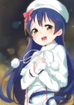  1girl bangs blue_hair blush commentary_request detached_sleeves eyebrows_visible_through_hair fur_trim hair_between_eyes hands_on_own_chest hat long_hair looking_at_viewer love_live! love_live!_school_idol_project open_mouth ribbon smile snow_halation solo sonoda_umi tofu1601 upper_body yellow_eyes 