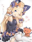  1girl ;o abigail_williams_(fate/grand_order) animal_ears bangs black_bow black_dress blonde_hair blue_eyes blush bow breasts cat_day cat_ears cat_tail dress fang fate_(series) frilled_dress frills hair_bow heart kemonomimi_mode lavinia_whateley_(fate/grand_order) long_hair looking_at_viewer one_eye_closed open_mouth orange_bow parted_bangs paw_pose polka_dot polka_dot_bow simple_background sleeveless sleeveless_dress small_breasts solo stuffed_animal stuffed_toy tail tail_bow teddy_bear thigh-highs very_long_hair white_background wrist_cuffs yyo zettai_ryouiki 