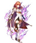 1girl armor armored_dress bangs black_legwear black_thighhighs celica_(fire_emblem) earrings eyebrows_visible_through_hair female fingerless_gloves fire_emblem fire_emblem_echoes:_mou_hitori_no_eiyuuou fire_emblem_heroes full_body furikawa_arika gloves gold_trim hairband highres holding holding_sword holding_weapon jewelry long_hair official_art parted_lips red_eyes redhead solo standing sword thigh-highs thighhighs transparent_background weapon zettai_ryouiki