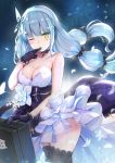  1girl bangs bare_arms bare_shoulders black_choker black_gloves black_legwear blue_hair blunt_bangs blush braid breasts butterfly choker cleavage collarbone cowboy_shot dress facial_mark fingers_to_mouth flower girls_frontline gloves green_eyes hair_ornament hair_scrunchie hairband hk416_(girls_frontline) jewelry layered_dress leotard light_particles long_hair looking_at_viewer low_twintails pendant petals qian_wu_atai scrunchie side_braid solo standing strapless strapless_leotard suitcase thigh-highs twintails white_dress white_flower white_hairband 