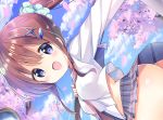  1girl :d bangs blue_eyes blue_scrunchie blue_sky blush breasts brown_hair cherry_blossoms clouds commentary_request day dengeki_moeou eyebrows_visible_through_hair grey_skirt hair_between_eyes hair_ornament hair_scrunchie hairclip kurou_(quadruple_zero) long_hair long_sleeves medium_breasts midriff navel no_panties open_mouth original outdoors petals plaid plaid_skirt pleated_skirt ponytail scrunchie shirt skirt sky smile solo white_shirt x_hair_ornament 