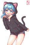  1girl alternate_costume animal_hood asymmetrical_hair black_jacket blue_eyes blue_hair casual cat_hood commentary_request cowboy_shot dated grey_shorts highres hood hooded_jacket hoodie jacket kanon_(kurogane_knights) kantai_collection leaning_forward logo looking_at_viewer minazuki_(kantai_collection) open_mouth school_uniform serafuku short_hair shorts simple_background smile solo white_background 