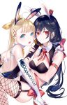  2girls animal_ears backless_outfit bangs black_bra black_panties black_vs_white blonde_hair blue_eyes blush bow bra breasts bunnysuit closed_mouth elbow_gloves eyebrows_visible_through_hair fishnets frills garter_straps gloves hair_bow hair_ornament highres katana long_hair looking_at_viewer lying medium_breasts miwano_ragu multiple_girls on_back on_stomach open_mouth original panties rabbit_ears red_bow red_eyes sheath sheathed sidelocks simple_background sword thigh-highs underwear weapon white_background white_gloves wrist_cuffs x_hair_ornament yellow_bow 