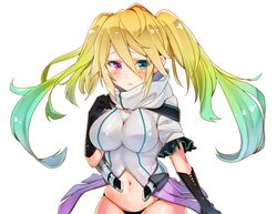  1girl aqua_hair black_bikini_bottom black_gloves blonde_hair blue_eyes blue_hair blush breasts character_request chunithm cona_kinaco eyebrows_visible_through_hair furrowed_eyebrows gloves green_hair hair_between_eyes heterochromia large_breasts looking_at_viewer multicolored_hair navel parted_lips pink_eyes solo twintails white_background 