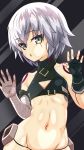  1girl against_fourth_wall against_glass arm_belt bandage bandaged_arm black_panties blush breasts eyebrows_visible_through_hair facial_scar fate/apocrypha fate/grand_order fate_(series) glass green_eyes highres jack_the_ripper_(fate/apocrypha) looking_at_viewer navel open_mouth panties robisonjr scar scar_across_eye scar_on_cheek short_hair shoulder_tattoo silver_hair small_breasts solo tattoo underwear 
