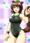  1girl animal_ears breasts brown_eyes brown_hair checkered checkered_background competition_swimsuit d-m_(dii_emu) futatsuiwa_mamizou glasses hair_ornament highres leaf leaf_hair_ornament leaf_on_head medium_breasts one-piece_swimsuit open_mouth raccoon_ears raccoon_tail short_hair smile solo swimsuit tail touhou 