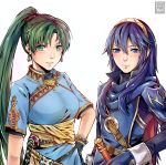  2girls blue_eyes blue_hair breasts cape fire_emblem fire_emblem:_kakusei fire_emblem:_rekka_no_ken fire_emblem_heroes freinoir green_eyes green_hair high_ponytail highres intelligent_systems long_hair looking_at_viewer lucina lyndis_(fire_emblem) multiple_girls nintendo ponytail simple_background smile super_smash_bros. super_smash_bros._ultimate super_smash_bros_for_wii_u_and_3ds tiara white_background 