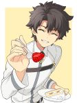  1boy :d belt black_hair closed_eyes eyebrows_visible_through_hair facing_viewer fate/grand_order fate_(series) feeding fingernails food fork fruit fujimaru_ritsuka_(male) highres holding holding_fork jacket long_sleeves male_focus natsuko_(bluecandy) open_mouth plate pov simple_background smile solo strawberry strawberry_shortcake upper_body wing_collar yellow_background 