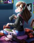  1girl absurdres animal_hood ass brown_hair bubble_blowing bunny_hood chewing_gum controller d.va_(overwatch) doritos eudetenis game_controller headphones highres hood hoodie looking_at_viewer looking_back overwatch pilot_suit playing_games sitting solo whisker_markings 