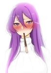  1girl blush breasts commentary doki_doki_literature_club eyebrows_visible_through_hair food foreshortening hair_between_eyes hair_ornament hairclip heart heart-shaped_pupils highres large_breasts long_hair looking_at_viewer mouth_hold nose_blush otxoa60 pocky purple_hair ribbed_sweater simple_background solo sweater symbol-shaped_pupils violet_eyes white_background white_sweater yuri_(doki_doki_literature_club) 