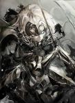 1girl armor armored_dress black_dress dress fate/grand_order fate_(series) gauntlets grey_eyes holding holding_sword holding_weapon jeanne_d&#039;arc_(alter)_(fate) jeanne_d&#039;arc_(fate)_(all) kataru_(ubw-emiya) looking_at_viewer silver_hair smile solo sword weapon 