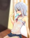  1girl blue_shorts blurry character_request chunithm collarbone cona_kinaco depth_of_field fanning_self food frilled_shirt frills from_side heart heart-shaped_pupils highres hot long_hair mouth_hold popsicle profile see-through shirt shorts silver_hair sitting sleeveless sleeveless_shirt solo sweat symbol-shaped_pupils violet_eyes wet_clothes white_shirt 