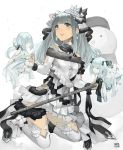  3girls bangs blue_hair blunt_bangs crown dated dress eyebrows_visible_through_hair fantasy fur_trim grey_eyes grey_hair grey_skirt holding long_hair multiple_girls open_mouth original rayvon sidelocks silver_hair skirt smile snowman tareme thigh-highs white_dress white_legwear 