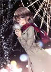  1girl :d absurdres artist_request blue_eyes blush brown_hair ferris_wheel grey_coat hair_between_eyes highres holding long_hair looking_at_viewer night open_mouth original outdoors red_scarf scarf smile solo standing steam 