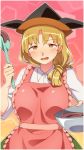  1girl apron black_hat blonde_hair blouse blush bowl chahora_(siki_dos) cowboy_shot hat highres holding holding_bowl holding_spoon long_hair looking_at_viewer low-tied_long_hair matara_okina mixing_bowl open_mouth orange_eyes outline pink_apron pink_background solo spoon sweatdrop touhou white_blouse white_outline wing_collar 