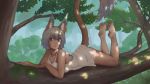  1girl animal_ears bare_legs barefoot blue_eyes branch camisole closed_mouth highres light_smile lying on_stomach original paintrfiend shade short_hair silver_hair solo tail tree tree_shade 