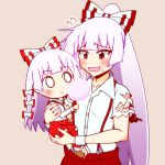  2girls 501_(gouwan) bangs blush bow brown_background buttons closed_mouth collared_shirt cotton_candy dual_persona eyebrows_visible_through_hair flying_sweatdrops fujiwara_no_mokou hair_bow holding long_hair long_sleeves multiple_girls open_mouth pants pink_hair red_eyes red_pants shirt short_sleeves simple_background suspenders sweat torn_clothes torn_sleeves touhou very_long_hair wavy_mouth white_shirt younger 