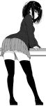  1girl absurdres ass bangs blush from_behind greyscale hair_ornament hairclip highres kyokucho loafers looking_at_viewer looking_back miniskirt monochrome nose_blush original pleated_skirt school_uniform shoes short_hair sidelocks skirt sleeves_past_wrists solo sweater thigh-highs thighs zettai_ryouiki 