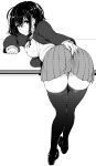  1girl absurdres ass bangs bent_over blazer closed_mouth eyebrows_visible_through_hair greyscale hair_between_eyes hair_ornament hairclip highres jacket kyokucho loafers looking_at_viewer monochrome open_blazer open_clothes open_jacket original school_uniform shirt shoes short_hair sidelocks solo thigh-highs thighs zettai_ryouiki 