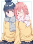  2girls ahoge blue_hair blush closed_eyes eyebrows_visible_through_hair hair_between_eyes hair_bun highres kagamihara_nadeshiko leaning_on_person long_hair matching_outfit multiple_girls pink_hair reina_(leinqchqn) scarf shima_rin skirt sleeping sweater violet_eyes yurucamp 