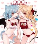  2girls animal_ears artist_name bandeau bare_arms bare_shoulders bat_wings bell blonde_hair blue_eyes blush bow cat_ears cat_tail commentary_request feet_out_of_frame flandre_scarlet frilled_panties frills gotoh510 hair_bow hand_holding heart jingle_bell kemonomimi_mode looking_at_viewer midriff multiple_girls navel no_hat no_headwear open_mouth panties paw_pose pink_bow pink_panties pointy_ears red_bow red_eyes red_panties remilia_scarlet short_hair side_ponytail signature simple_background smile standing strapless tail tongue tongue_out touhou tubetop underwear white_background wings wrist_cuffs 