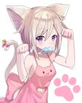  1girl :3 animal_ears apron bell blush brown_hair cat_ears cat_tail clenched_hands cona_kinaco eyebrows_visible_through_hair fish hair_between_eyes heart_cutout heart_in_eye highres jingle_bell looking_at_viewer mouth_hold naked_apron navel original paw_pose paw_print pink_apron solo tail tail_bell violet_eyes white_background 