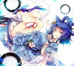  1girl animal_ears ass bell black_footwear blue_dress blue_eyes blue_hair blue_ribbon breasts cat_ears cat_tail commentary_request dress eyebrows_visible_through_hair flower hair_ornament hair_rings hair_stick jingle_bell kaku_seiga kemonomimi_mode knees_up kutsuki_kai leaf looking_at_viewer lying medium_breasts ofuda on_back open_mouth puffy_short_sleeves puffy_sleeves ribbon shawl short_hair short_sleeves simple_background smile socks solo tail tail_ribbon touhou vest white_background white_legwear white_vest 