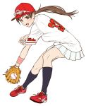  1girl :d baseball baseball_cap baseball_glove baseball_jersey black_legwear bracelet breasts brown_eyes brown_hair eyewear_on_headwear fielding hat hiroshima_touyou_carp idolmaster idolmaster_cinderella_girls jewelry kneehighs long_hair looking_at_viewer low_ponytail medium_breasts nigou nippon_professional_baseball nitta_minami open_mouth pleated_skirt red_footwear shirt simple_background skirt smile solo sunglasses white_background white_shirt wristband 