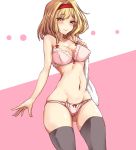  1girl alice_margatroid amagi_(amagi626) ass_visible_through_thighs bangs bare_arms black_legwear blonde_hair blue_eyes blush bra breasts cleavage closed_mouth cowboy_shot eyebrows_visible_through_hair hairband holding holding_towel looking_at_viewer medium_breasts navel panties pink_bra pink_panties short_hair skindentation solo thigh-highs touhou towel underwear underwear_only 