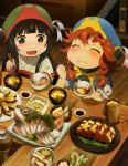  2girls absurdres black_hair braid brown_hair chopsticks dishes eating food hakumei_(hakumei_to_mikochi) hakumei_to_mikochi hat highres long_hair mikochi_(hakumei_to_mikochi) multiple_girls official_art short_hair table 