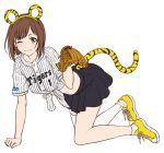  1girl :3 all_fours animal_ears baseball_glove black_skirt blush brown_hair fake_animal_ears full_body green_eyes hanshin_tigers idolmaster idolmaster_cinderella_girls maekawa_miku nigou nippon_professional_baseball one_eye_closed paw_pose pinstripe_pattern shirt shoes short_hair simple_background single_thighhigh skirt sneakers solo striped tail thigh-highs tied_shirt tiger_ears tiger_tail white_background white_legwear yellow_footwear 