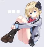  ... 1girl :p absurdres bangs black_bow black_legwear black_skirt blonde_hair blue_eyes blush bow cardigan closed_mouth eyebrows_visible_through_hair grey_background hair_bow highres jacket jimmy kneehighs leg_hug legs_crossed loafers looking_at_viewer open_clothes open_jacket original pleated_skirt red_bow school_uniform shoes short_hair sidelocks simple_background skirt sleeves_past_wrists smile solo thighs tongue tongue_out track_jacket 