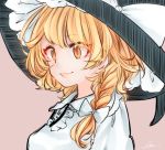  1girl bangs blonde_hair bow braid brown_background closed_mouth eyebrows_visible_through_hair hair_bow hat hat_bow kirisame_marisa side_braid signature simple_background single_braid solo souta_(karasu_no_ouchi) touhou upper_body white_bow witch_hat yellow_eyes 
