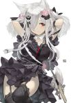  1girl animal_ears arms_up bangs black_dress black_legwear blush breasts closed_mouth dress garter_straps hair_ornament hair_over_one_eye large_breasts long_hair original rayvon red_eyes sidelocks silver_hair simple_background solo tail thigh-highs thighs white_background 