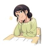  1girl black_hair book brown_eyes chair chin_rest dark_skin deepa_mitra denchuubou desk green_shirt hair_bun head_tilt long_hair new_horizon shirt sitting smile solo upper_body 