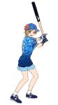  1girl :d aiba_yumi baseball_bat batting_stance blue_footwear blue_hat blue_skirt brown_hair flower full_body gloves hat hat_flower holding_baseball_bat idolmaster idolmaster_cinderella_girls left-handed looking_at_viewer new_balance nigou nippon_professional_baseball open_mouth shoes short_hair simple_background skirt smile sneakers socks solo sportswear unmoving_pattern white_background white_legwear 