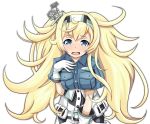  1girl blonde_hair blue_eyes breast_pocket breasts gambier_bay_(kantai_collection) gloves hair_between_eyes hairband kantai_collection large_breasts long_hair open_mouth pocket simple_background solo tearing_up tk8d32 twintails upper_body white_background white_gloves 