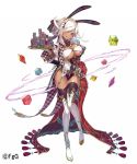  1girl aisha_(dare_ga_tame_no_alchemist) animal_ears belt boots breasts checkered dare_ga_tame_no_alchemist dark_skin dice gloves hair_ribbon holding holding_tray large_breasts looking_at_viewer official_art open_clothes rabbit_ears ribbon smile solo thigh-highs thigh_boots tied_hair tray violet_eyes white_gloves white_hair 