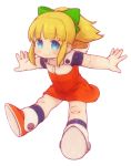  1girl bangs blonde_hair blue_eyes blunt_bangs blush bow capcom child eyebrows_visible_through_hair feral_lemma fringe full_body hair_bow hair_ornament high_ponytail highres hood hoodie hoodie_dress outstretched_arms ponytail rockman rockman_(classic) rockman_11 roll shoes sidelocks simple_background smile solo white_background 