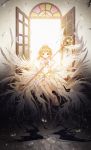  1girl blonde_hair brown_eyes card_captor_sakura day diadem dress feathered_wings floating_hair gloves highres holding holding_staff indoors kinomoto_sakura lengchan_(fu626878068) looking_at_viewer open_window sitting solo staff white_dress white_feathers white_gloves white_wings wings 