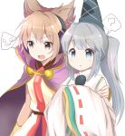  2girls ? blonde_hair cape commentary_request earmuffs eyebrows_visible_through_hair grey_hair hand_on_another&#039;s_shoulder hands_in_sleeves hat long_hair mononobe_no_futo multiple_girls open_mouth ponytail short_hair simple_background speech_bubble standing tate_eboshi touhou toyosatomimi_no_miko umeaisu white_background 